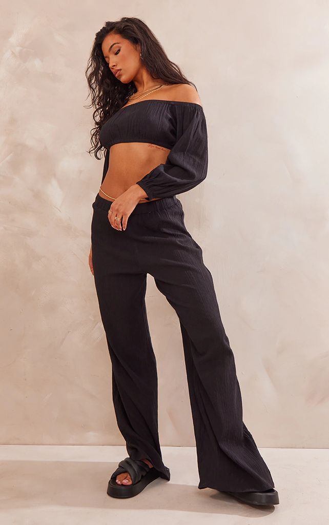 Black Cheesecloth Floaty Wide Leg Trousers, Black