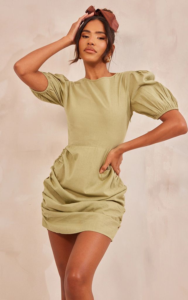 Khaki Linen Scoop Neck Ruched Skirt Bodycon Dress, Green