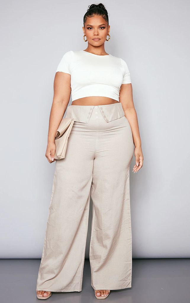 Plus Stone Linen Look Fold Over Wide Leg Trousers, White