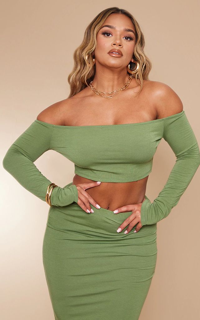 Shape Olive Contour Jersey Bardot Long Sleeve Top, Green