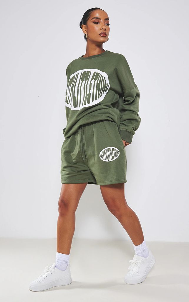Khaki Print Sweat Shorts, Green