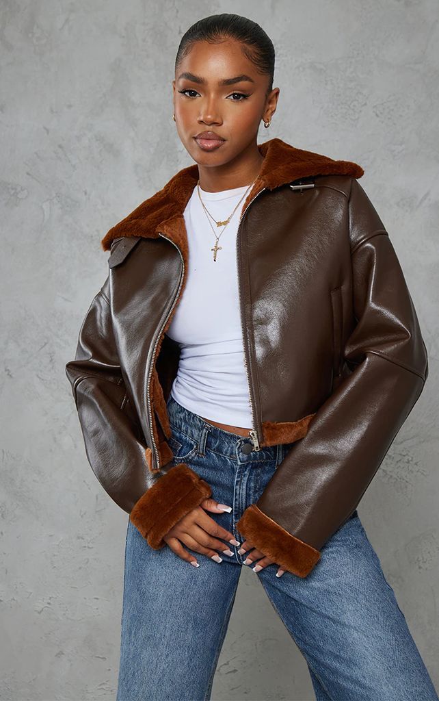 Chocolate Faux Fur Lined Cropped Faux Leather Aviator Jacket