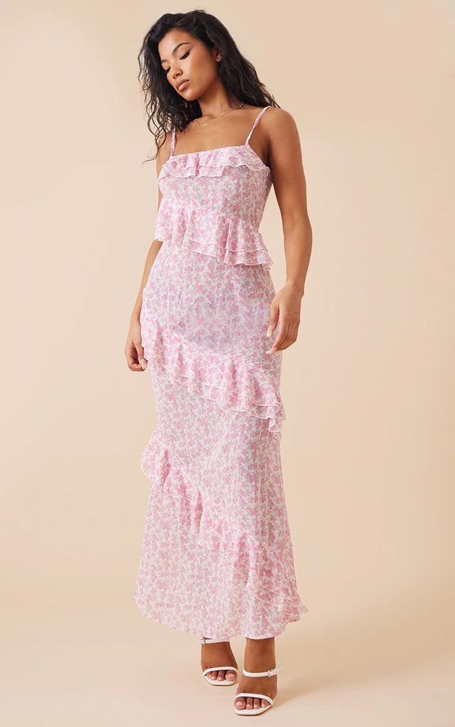 Pink Floral Print Chiffon Frill Detail Maxi Dress, Pink