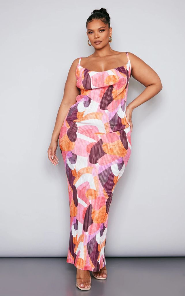 Plus Pink Abstract Printed Plisse Cowl Neck Maxi Dress, Pink