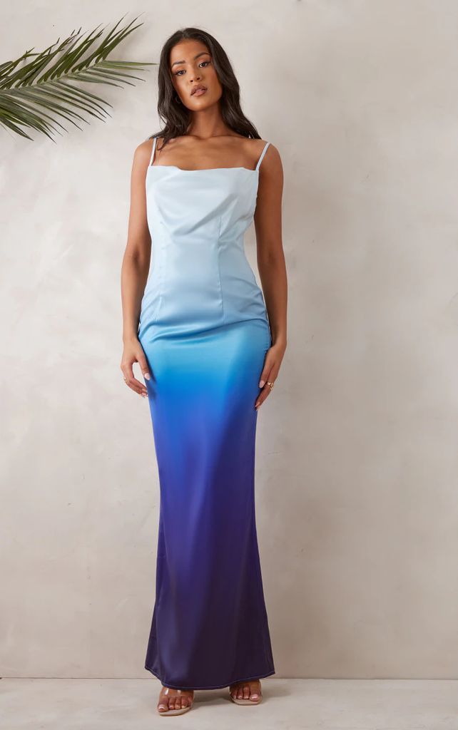 Tall Blue Satin Ombre Maxi Dress, Blue
