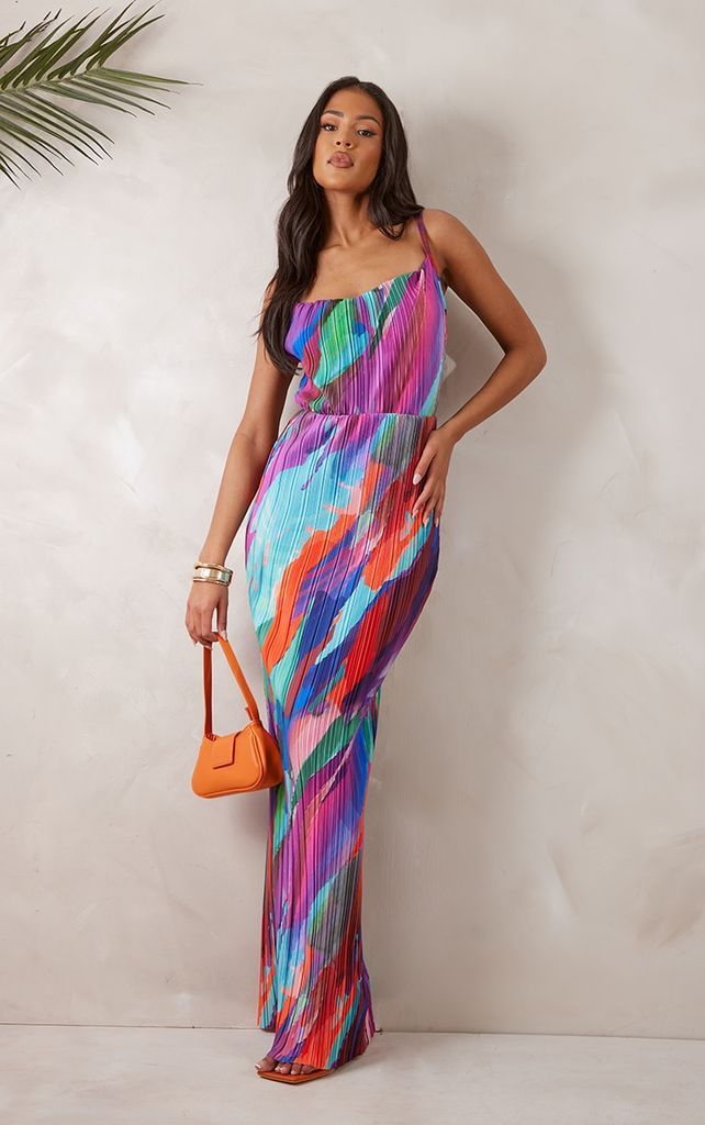 Tall Multi Abstract Print Plisse Strappy Maxi Dress, Multi