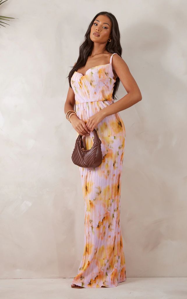 Tall Pink Floral Print Plisse Strappy Maxi Dress, Pink