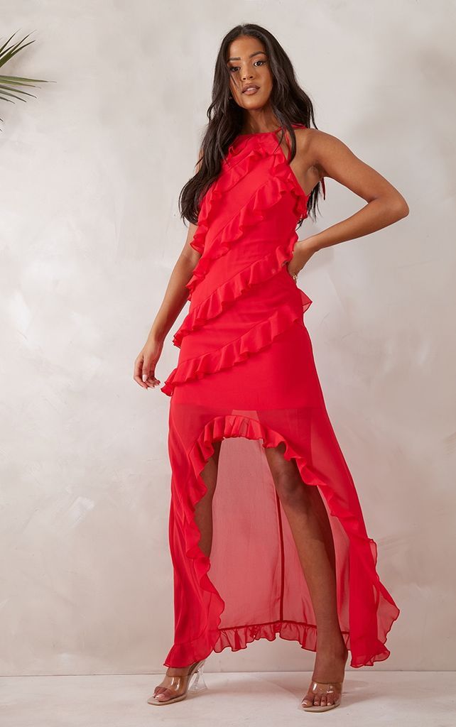 Tall Red Strappy Frilled Maxi Dress, Red