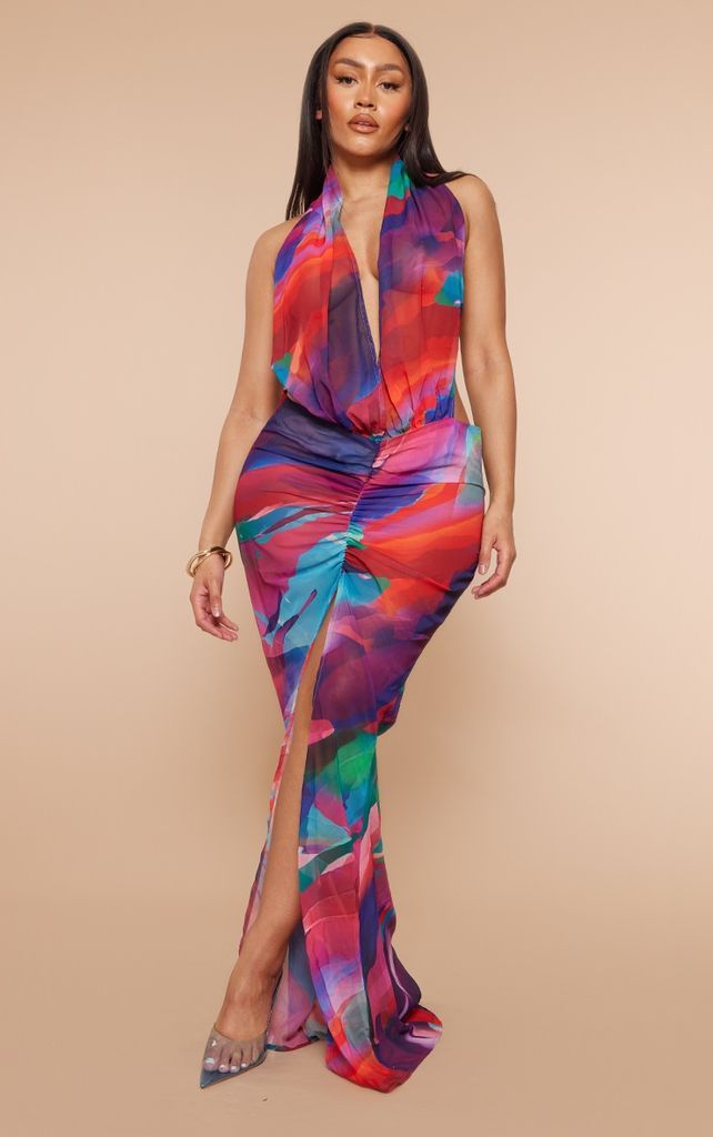 Shape Multi Printed Chiffon Drape Front Maxi Dress, Multi