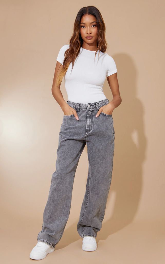 Washed Grey Dipped Back Waistband Boyfriend Jeans, Washed Grey