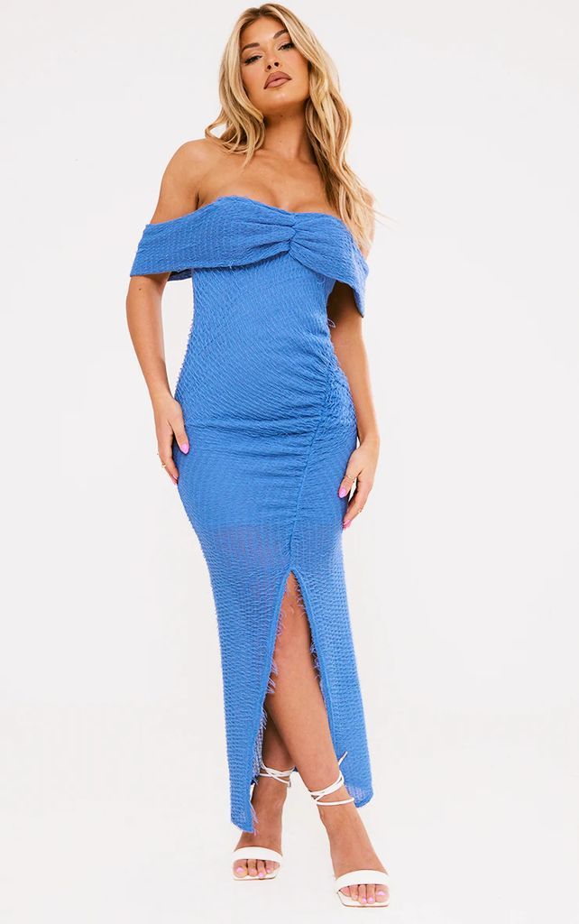 Blue Textured Bardot Asymmetric Ruched Midaxi Dress, Blue