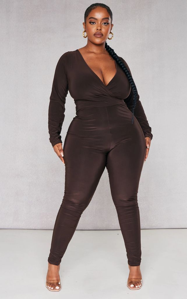 Plus Chocolate Wrap Front Longsleeve Catsuit, Chocolate