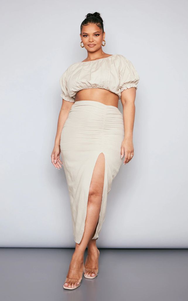Plus Stone Linen Look Ruched Side Split Midi Skirt, White
