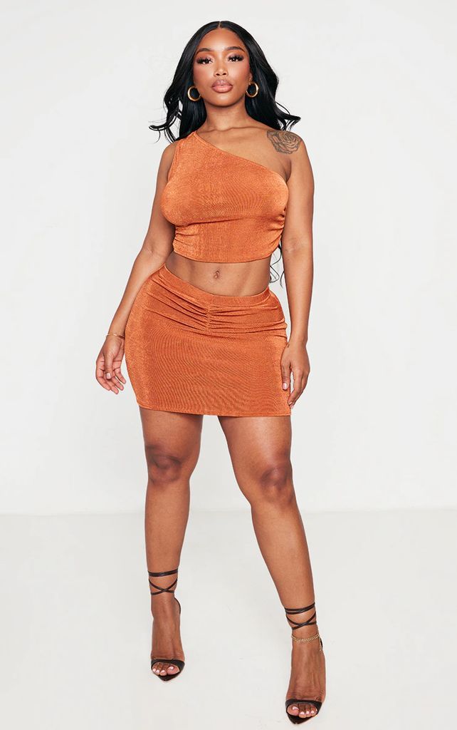 Shape Rust Slinky Acetate Ruched Front Mini Skirt, Orange