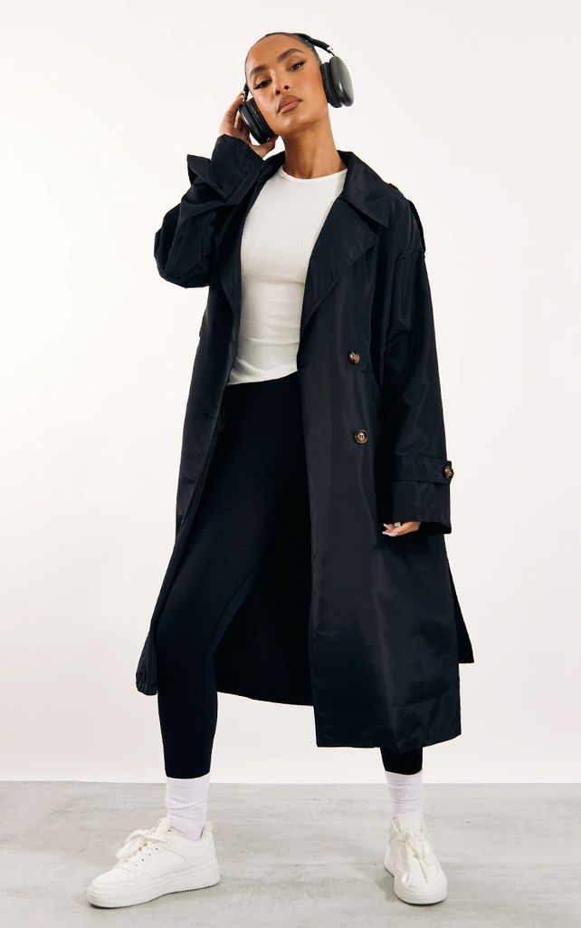 Black Shell Double Breasted Trench Coat, Black