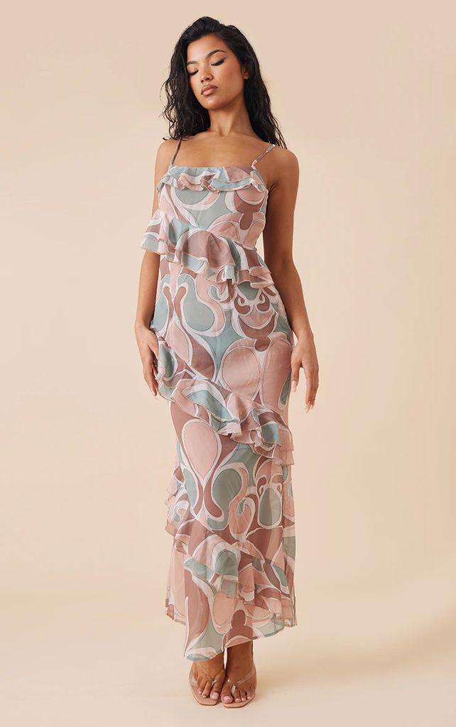 Multi Abstract Print Chiffon Frill Detail Maxi Dress, Multi