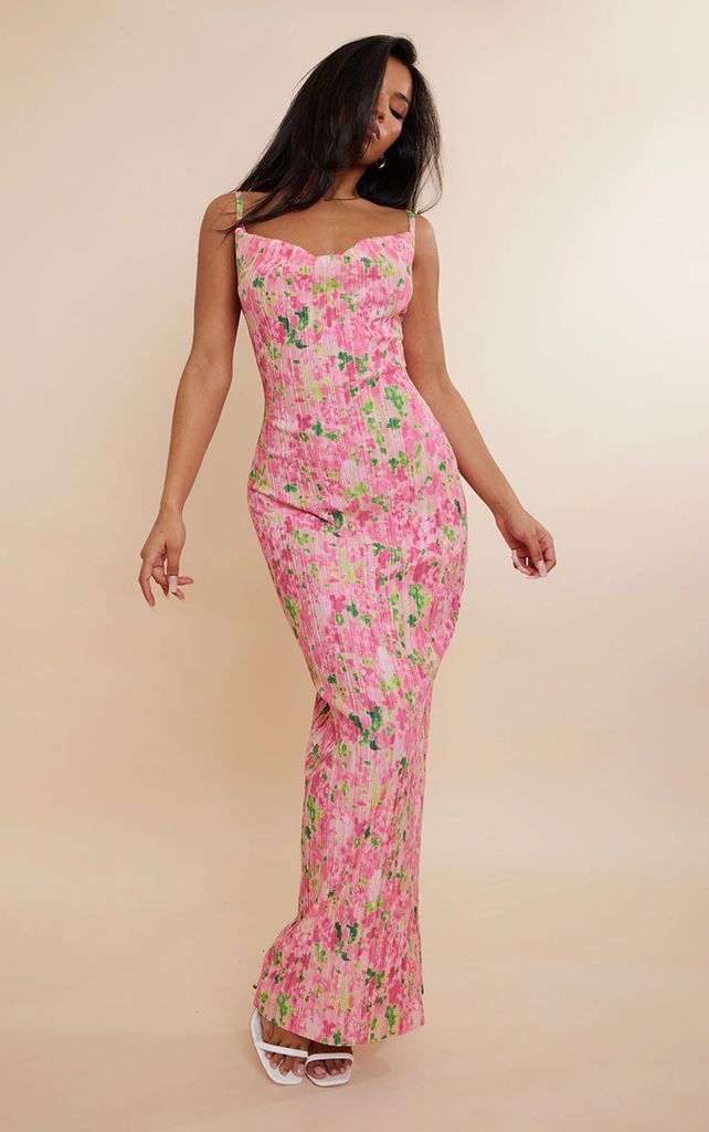 Pink Abstract Floral Printed Plisse Strappy Maxi Dress, Pink