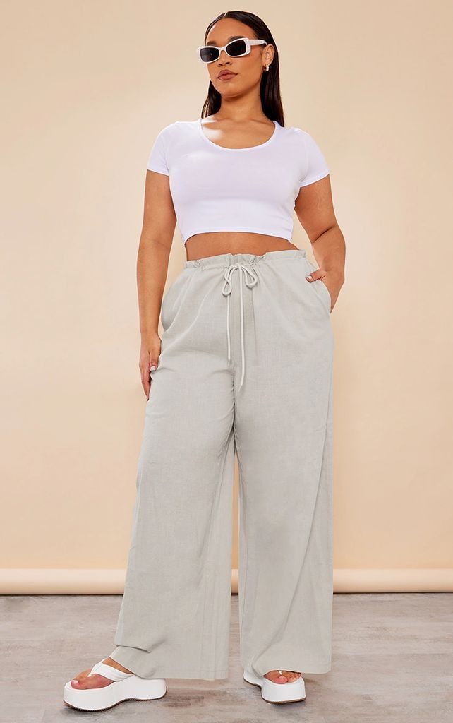Plus Grey Linen Look Ruched Waist Trousers, Grey