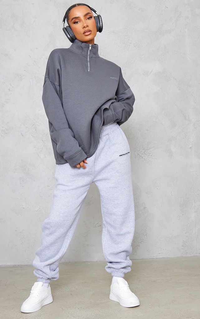 Charcoal Oversized Half Zip High Neck Sweatshirt, Grey