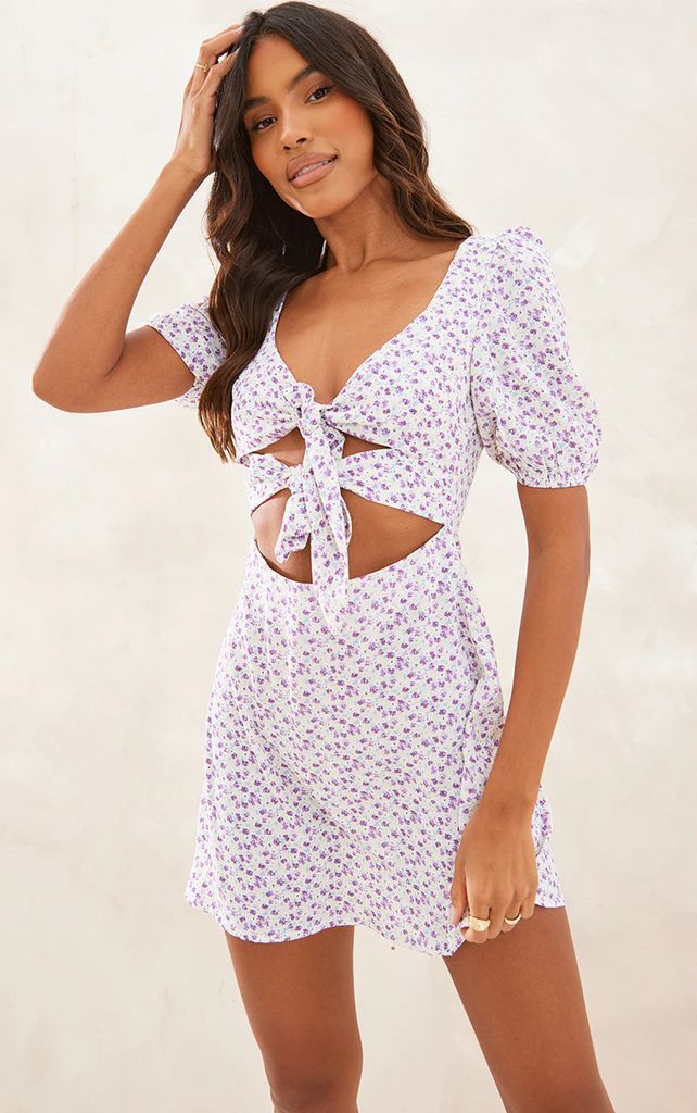 Lilac Ditsy Floral Short Sleeve Tie Front Shift Dress, Purple