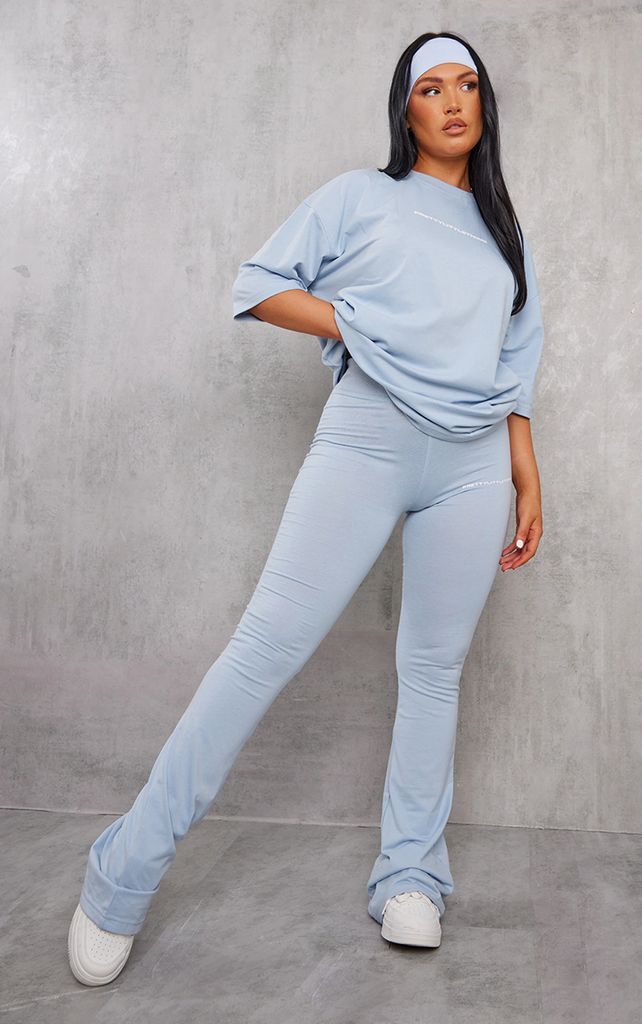 Pale Blue Print Flared Trousers, Blue Grey