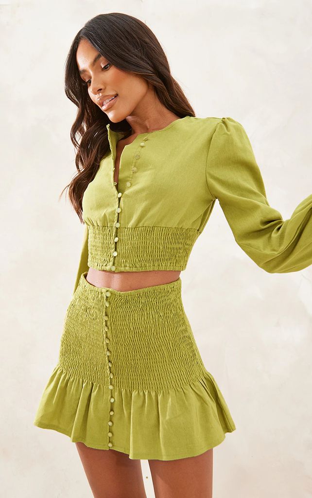 Chartreuse Linen Look Button Up Shirred Balloon Sleeve Blouse, Chartreuse