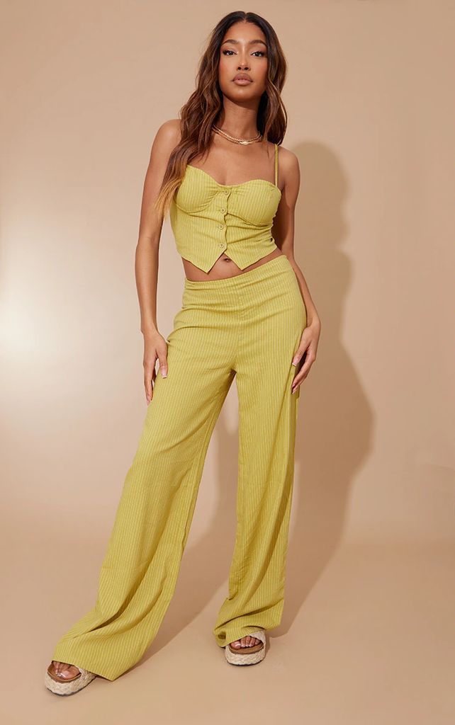 Chartreuse Stripe Linen Look Straight Leg Trousers, Chartreuse