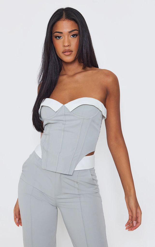 Tall Light Grey Fold Over Front Corset Top, Grey