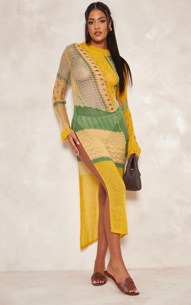 Tall Yellow Open Knit Distressed Maxi Dress With Side Split, Yellow