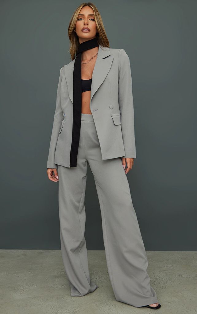 Light Grey Woven High Waisted Tailored Wide Leg Trousers