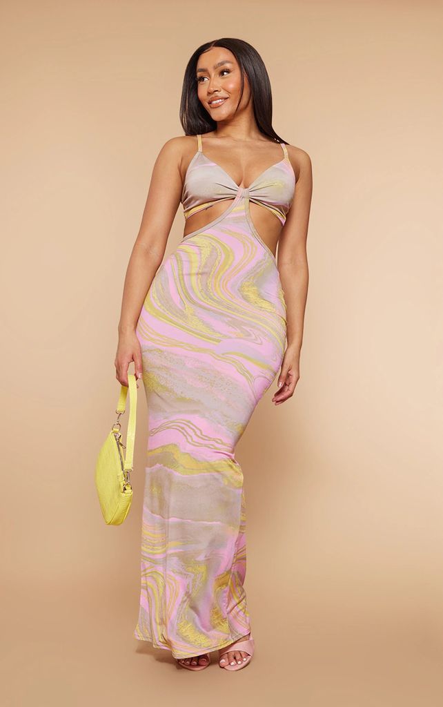 Shape Pink Marble Printed Slinky Cut Out Maxi Dress, Pink