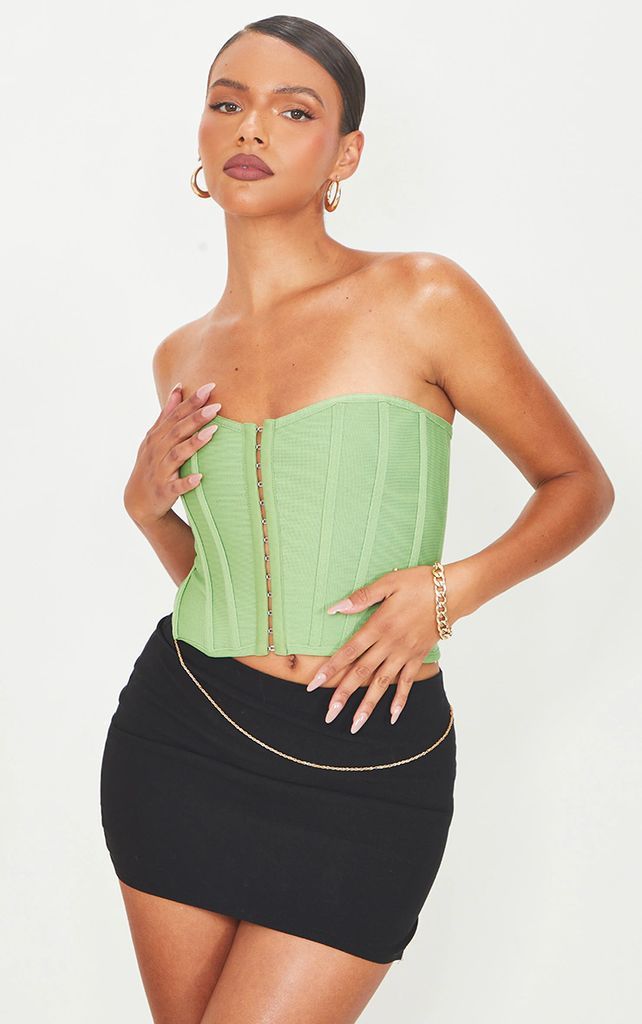 Olive Bandage Hook And Eye Structured Corset, Green