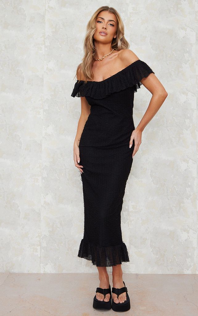 Black Textured Bardot Frill Detail Midaxi Dress, Black