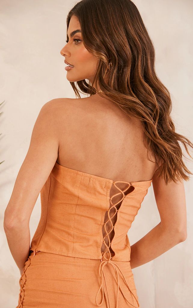 Clay Linen Look Lace Up Bandeau Corset, Clay