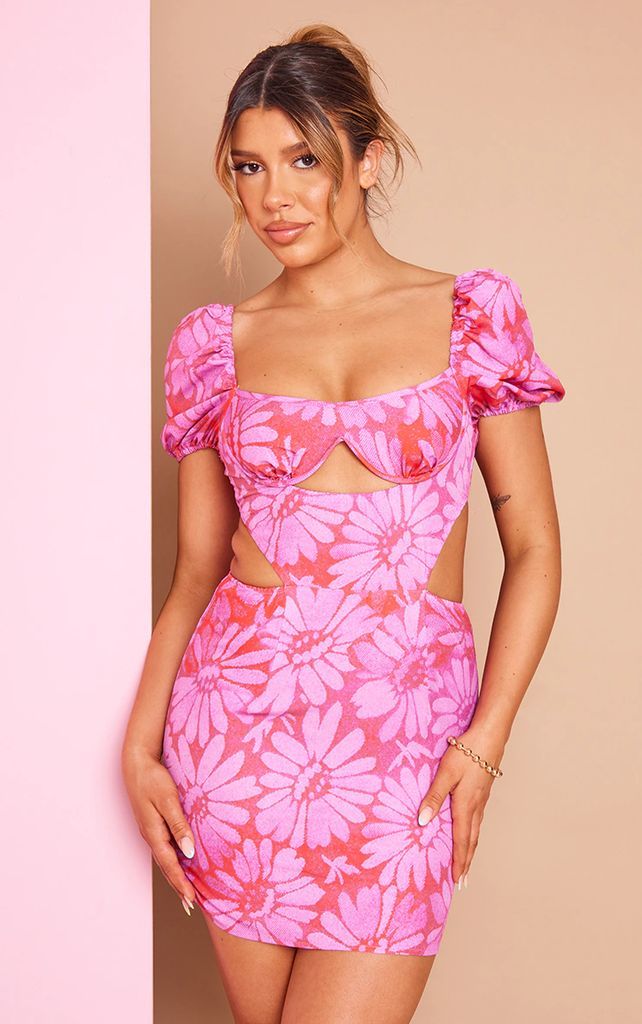 Pink Floral Print Cup Detail Bodycon Dress, Pink