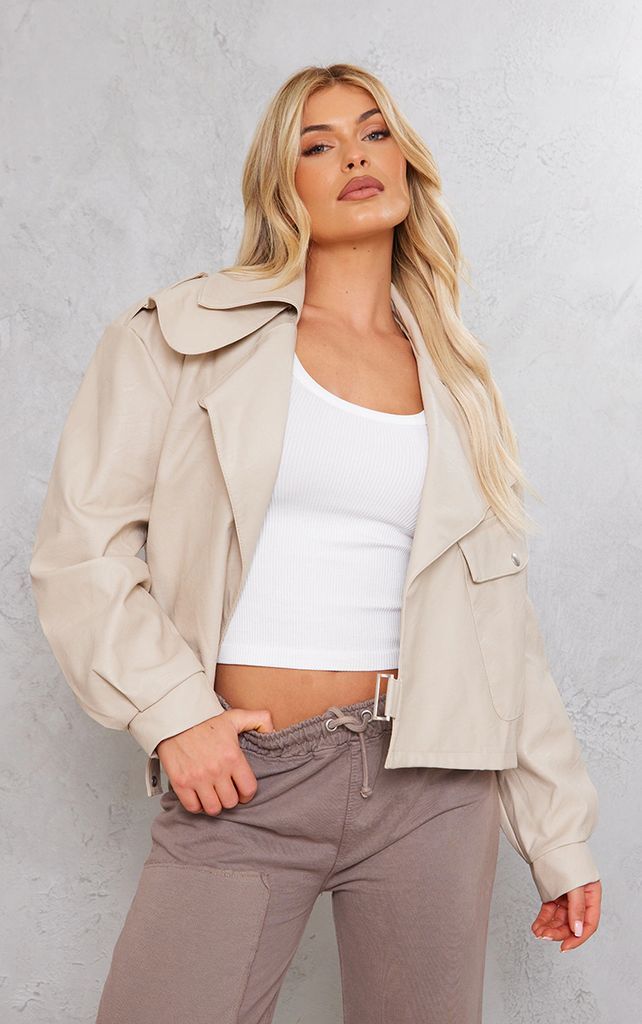 Stone Textured Look Faux Leather Biker Jacket, White