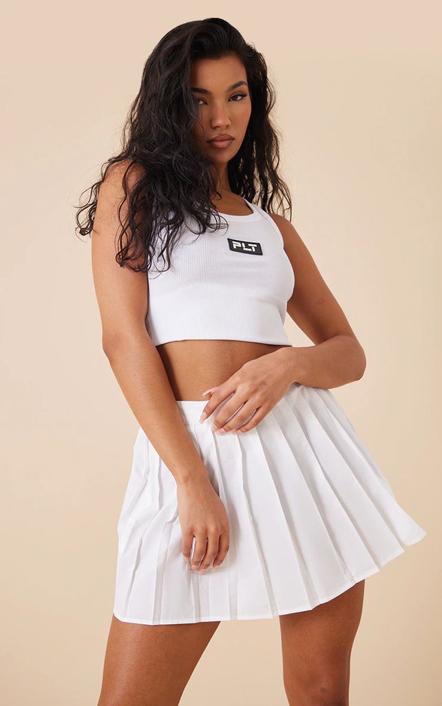 White Cotton Poplin Pleated Mini Tennis Skirt, White