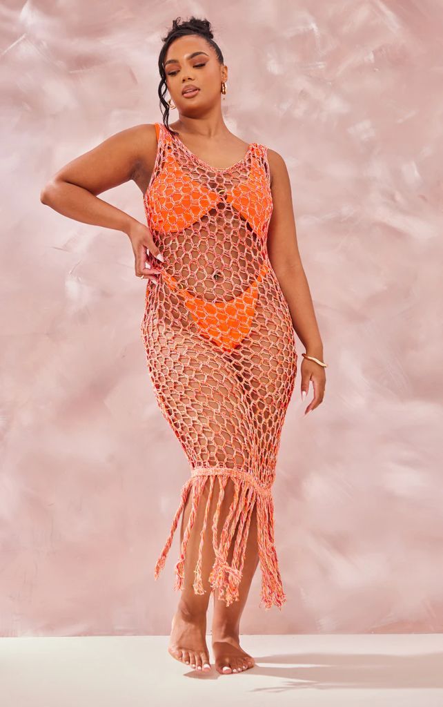 Plus Orange Fishnet Knitted Maxi Dress, Orange