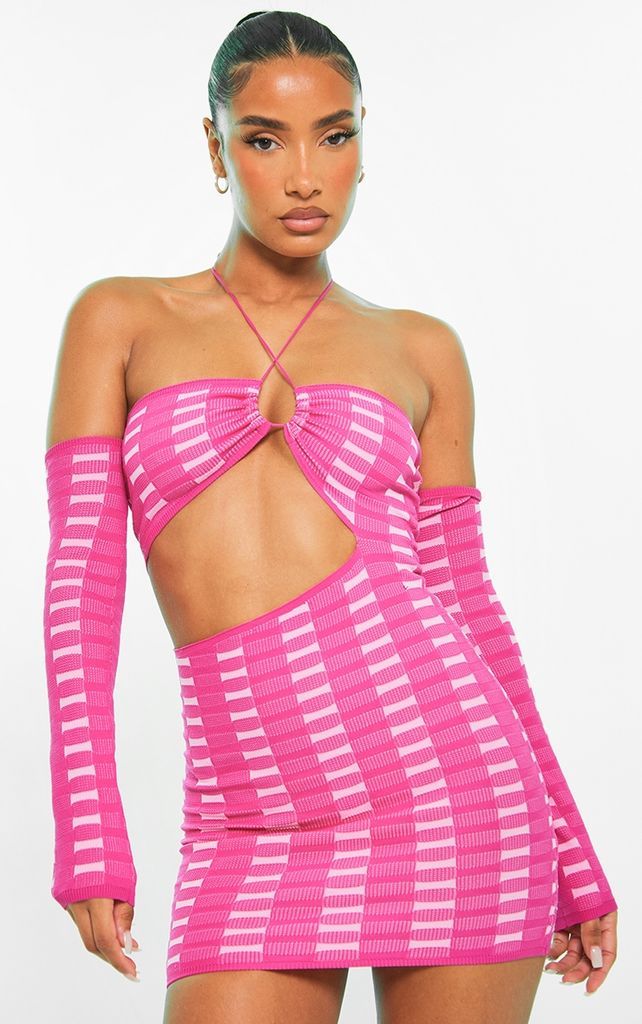 Pink Two Tone Square Knit Mini Dress, Pink
