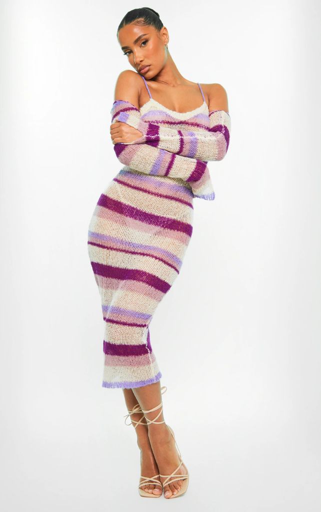 Lilac Stripe Open Knit Maxi Dress & Sleeves, Purple