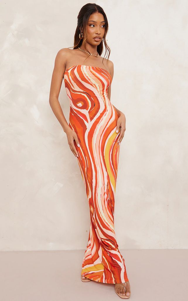 Orange Swirl Print Slinky Bandeau Maxi Dress, Orange