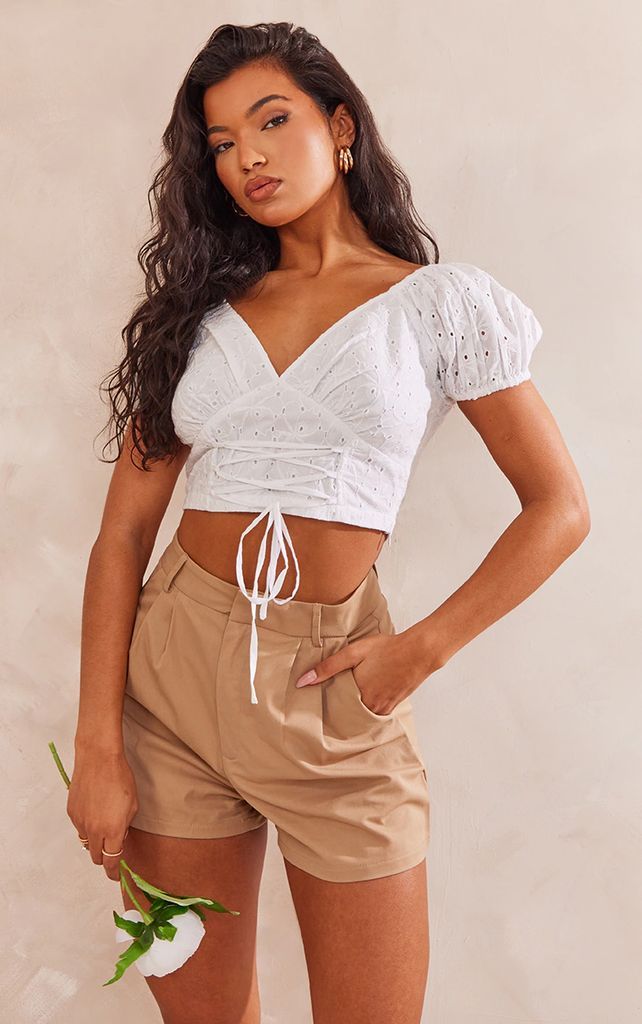 White Lace Up Front Broderie Crop Top, White