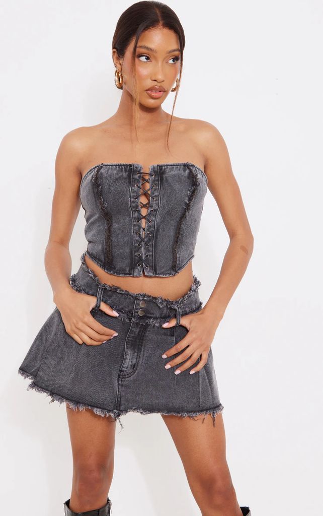 Washed Black Distressed Edge Lace Front Denim Corset Top, Washed Black