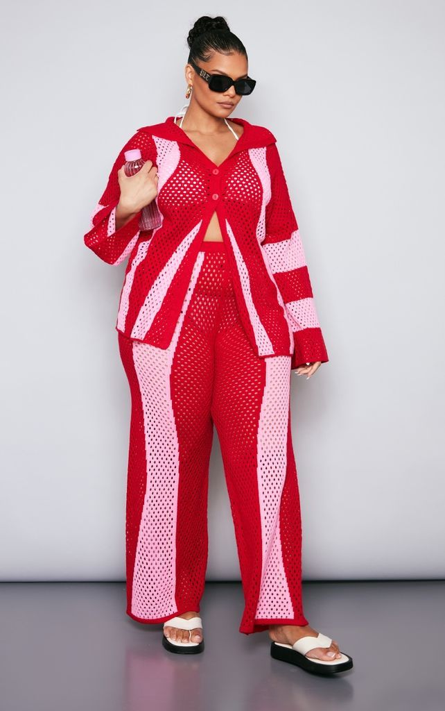 Plus Red Contrast Stripe Knitted Trousers, Red