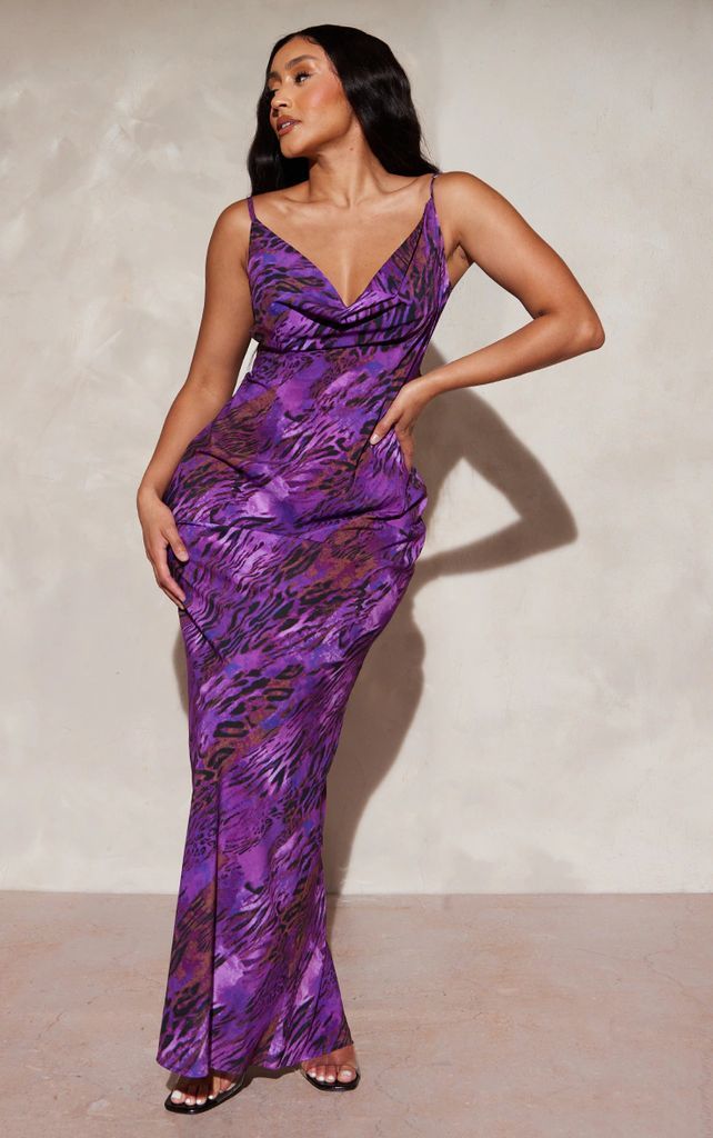 Shape Purple Abstract Printed Woven Cowl Neck Maxi Dress, Purple