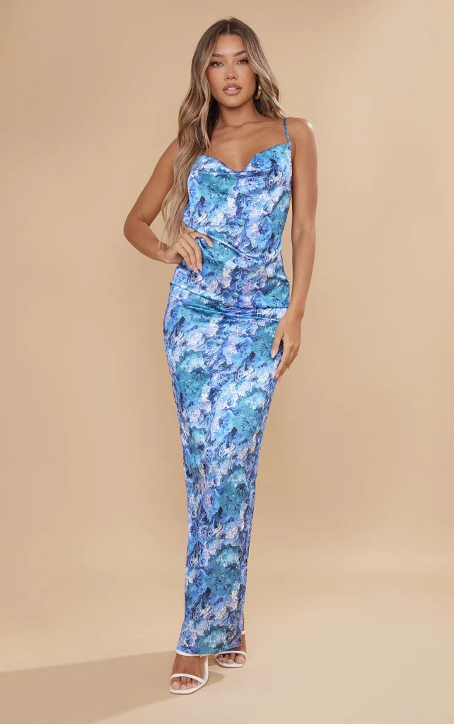 Blue Muted Floral Print Satin Cowl Neck Maxi Dress, Blue