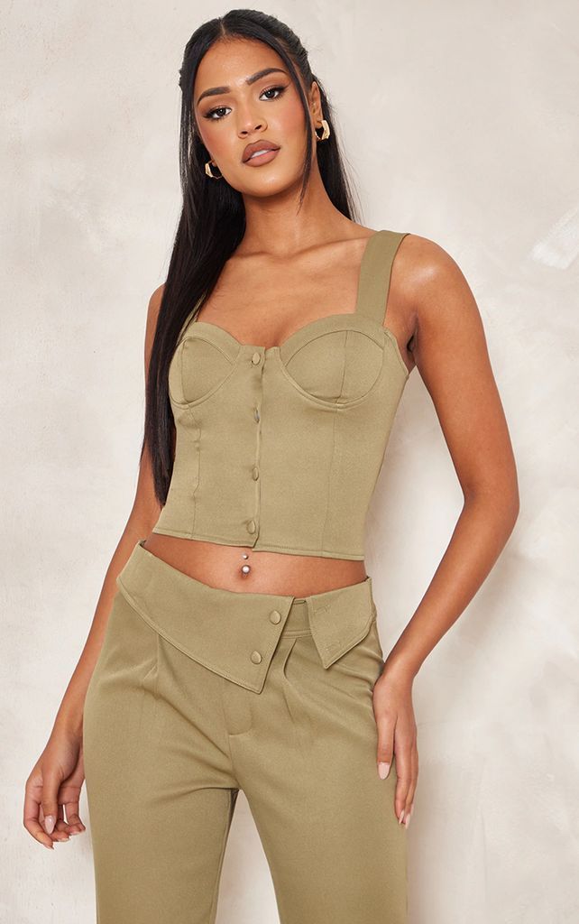 Tall Khaki Smart Button Up Corset Top, Green