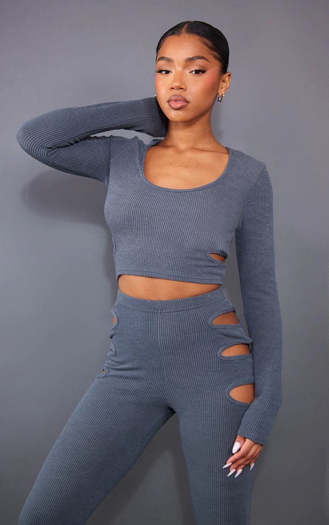 Charcoal Crinkle Rib Cut Out Detail Long Sleeve Top
