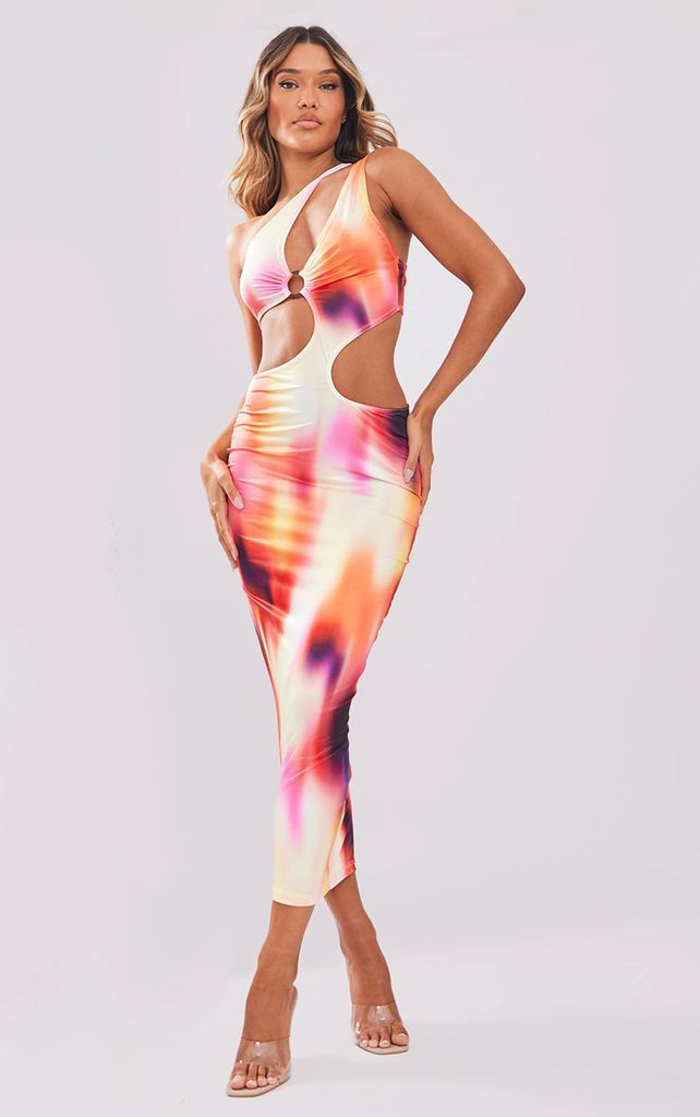Multi Blurred Print Slinky Ring Detail Cut Out Midaxi Dress, Multi