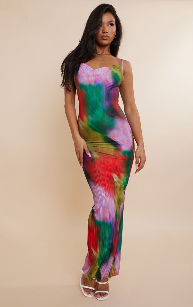 Multi Printed Plisse Strappy Maxi Dress, Multi